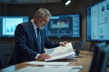 Ingénieur homme d'âge moyen en costume bleu analysant des documents techniques