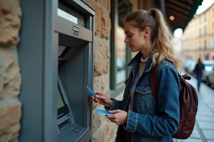Jeune femme au distributeur dans une gare europ&eacute;enne