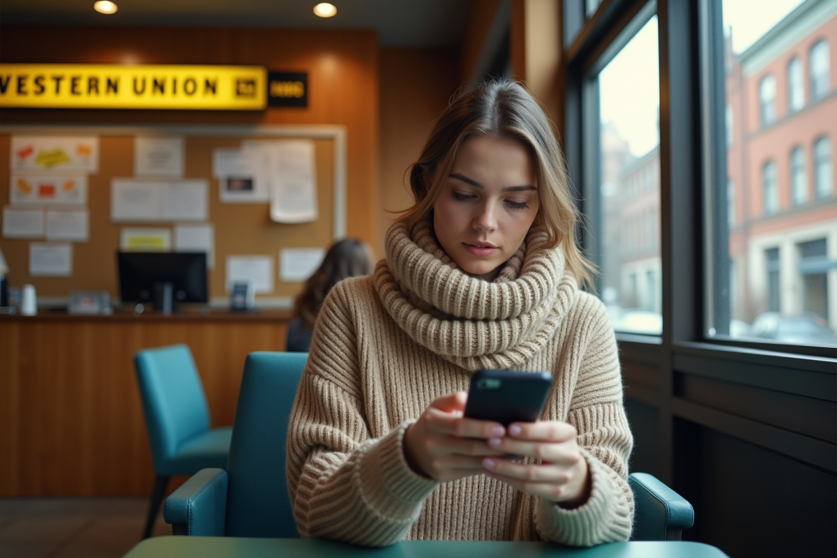Jeune femme vérifiant son téléphone dans une agence Western Union