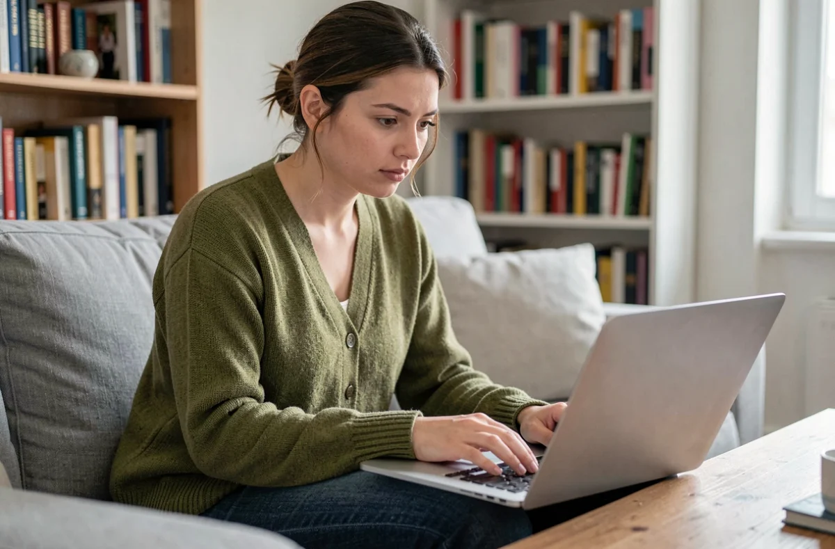 Jeune femme comparant des offres de mutuelle santé en ligne sur son ordinateur portable chez elle