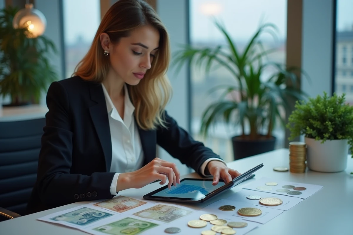 Jeune femme utilise une tablette avec des monnaies et billets Euro