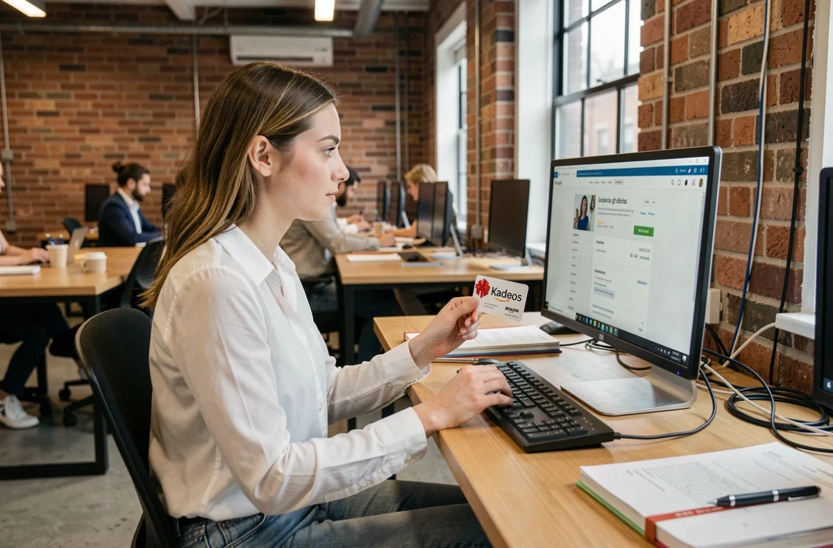 Jeune femme en espace de coworking tenant une carte Kadeos Infini face à un écran affichant le paiement Amazon