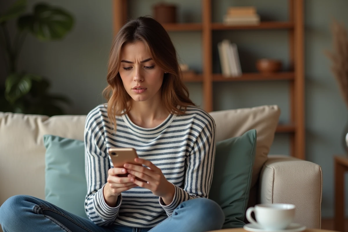 Jeune femme frustrée regardant un message d'erreur sur l'application bancaire mobile de son smartphone dans un salon