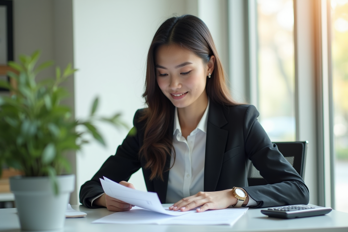 Jeune femme professionnelle travaillant à un bureau lumineux
