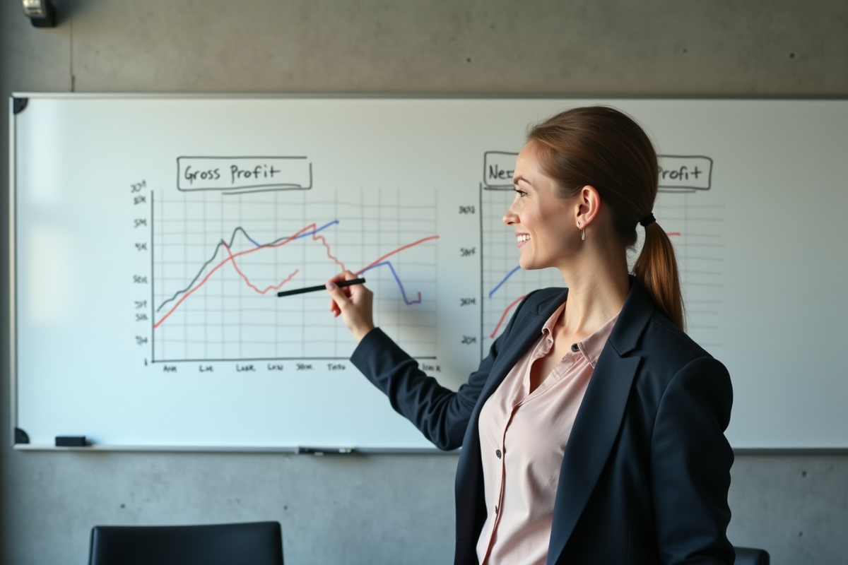 Jeune femme expliquant des graphiques financiers au tableau blanc