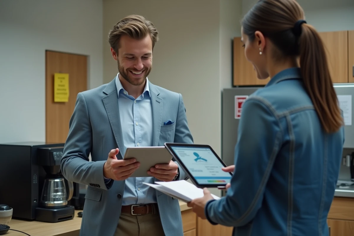 Jeune homme discute avec un collègue près de la machine à café