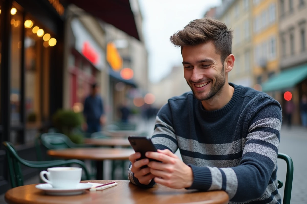 Jeune homme au caf&eacute; regardant son smartphone