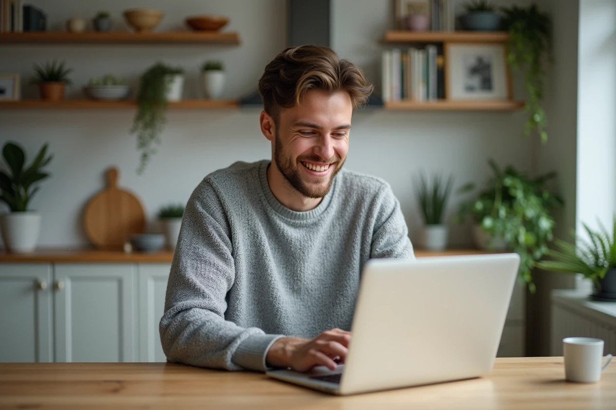 Jeune homme souriant utilisant un ordinateur à la maison