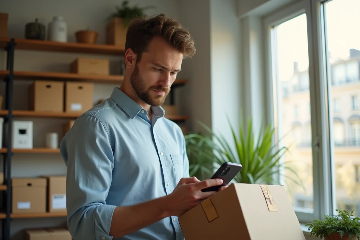 Jeune homme v&eacute;rifiant son t&eacute;l&eacute;phone pr&egrave;s de ses colis &agrave; la maison