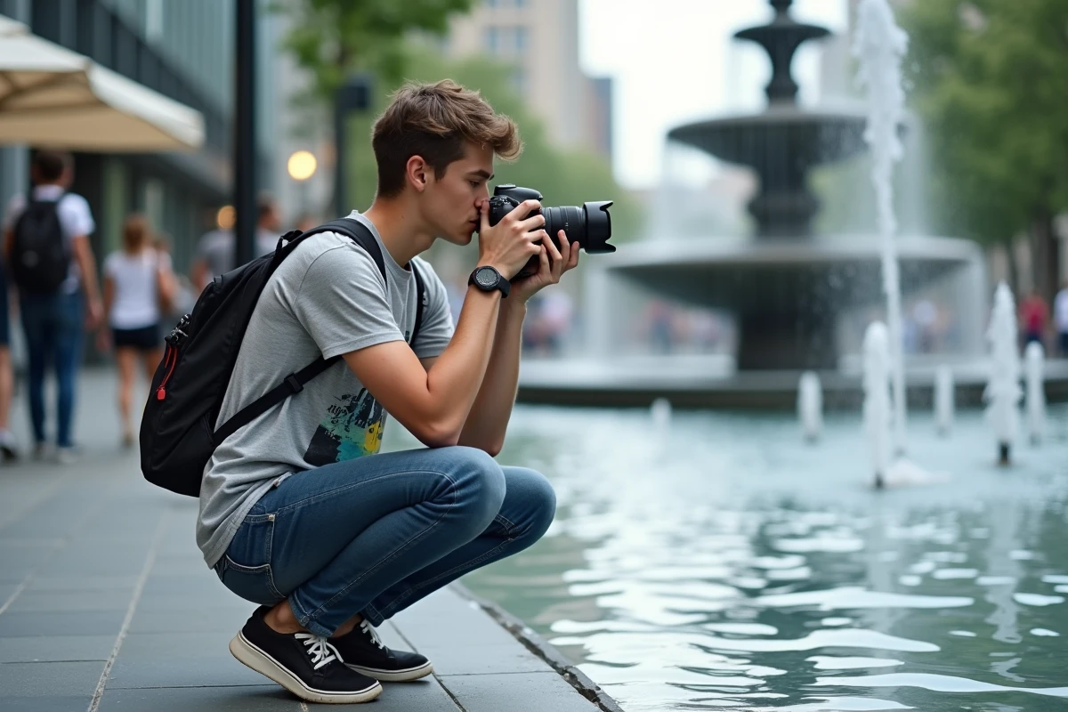 Jeune homme prenant une photo de la fontaine en ville
