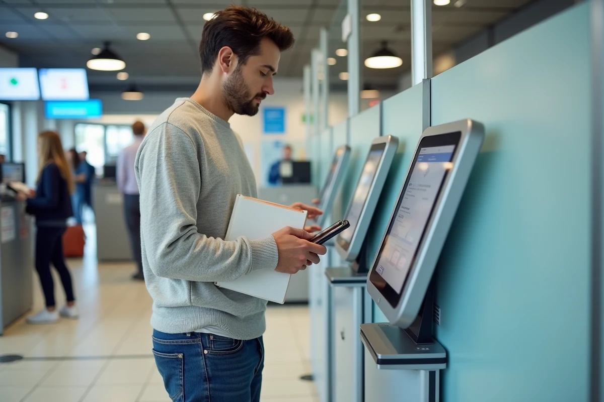 Jeune homme utilisant un kiosque postal avec son smartphone