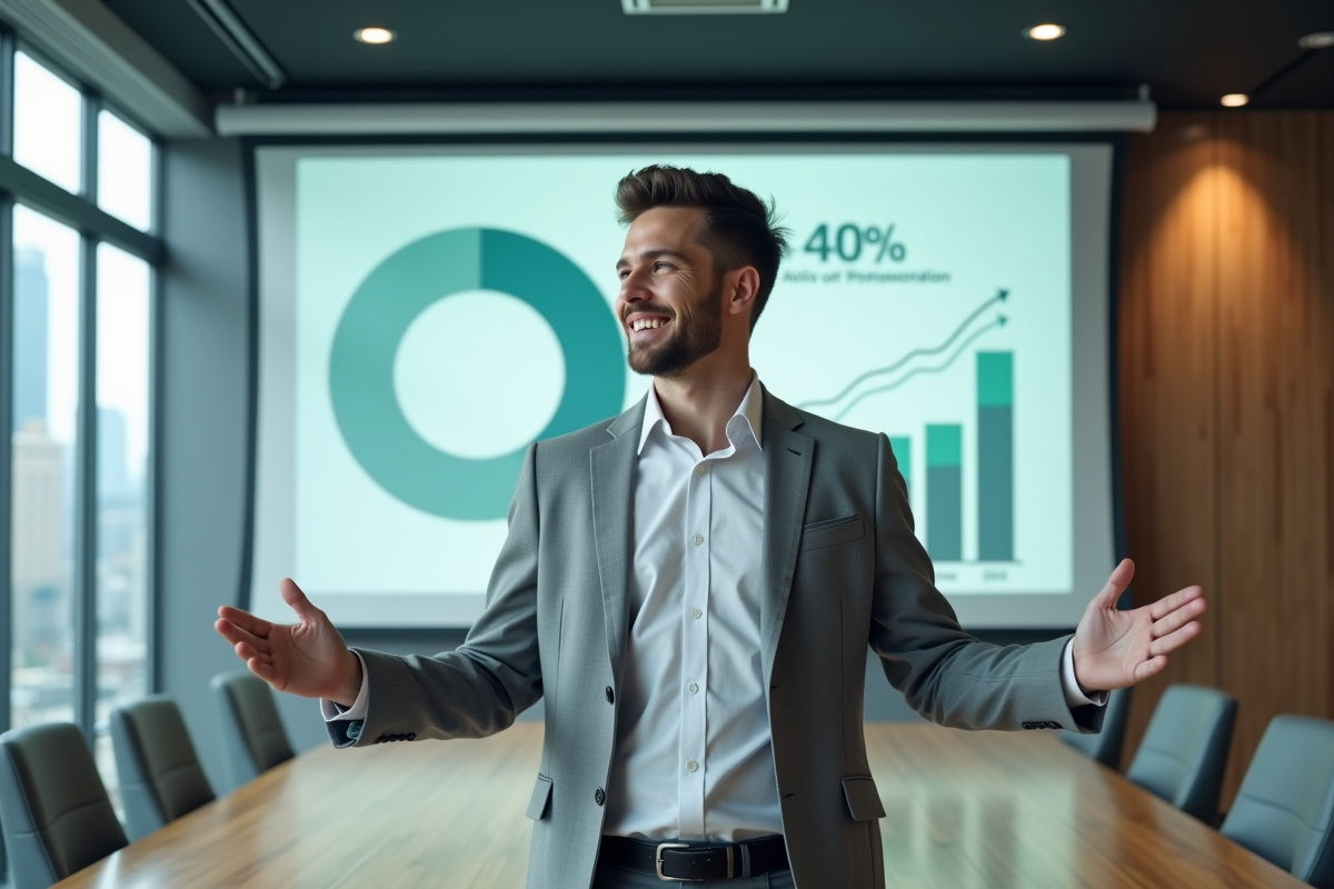 Jeune homme en présentation avec graphique financier dans une salle de réunion
