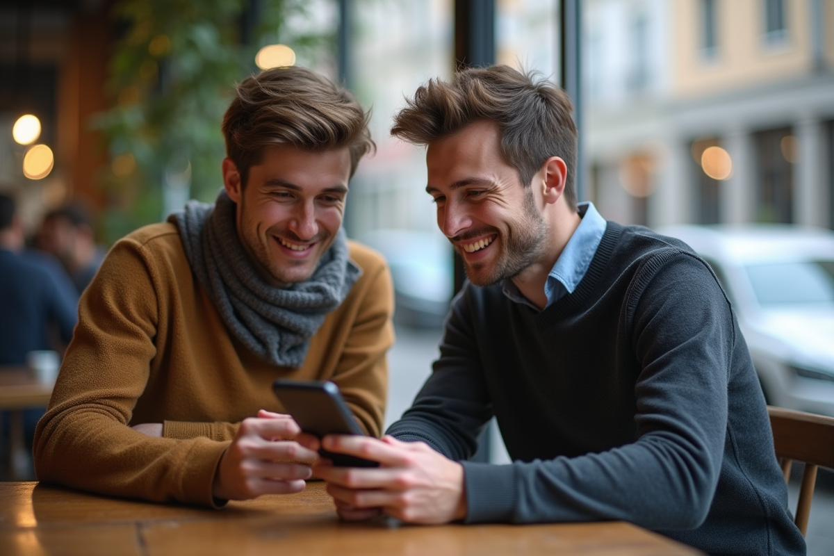 Jeune homme montrant une transaction à un ami dans un café