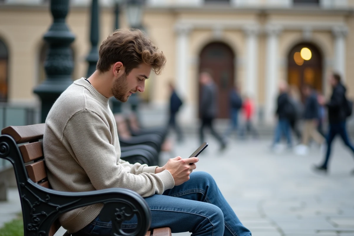 Jeune homme utilisant son smartphone dans une place urbaine