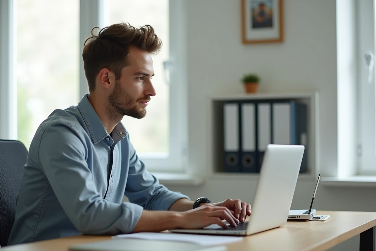 Un jeune homme en bureau à domicile remplit un formulaire numérique
