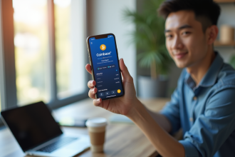 Jeune professionnel utilisant l'application Coinbase sur smartphone