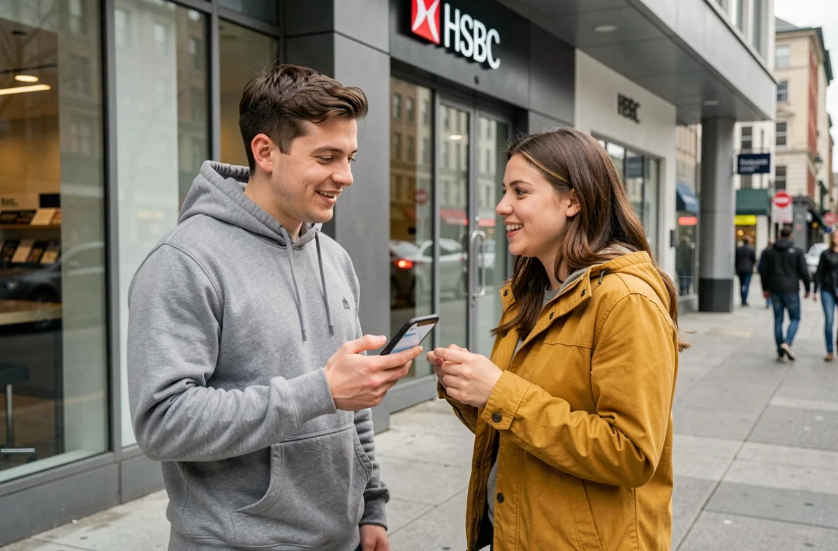 Deux jeunes devant une agence HSBC consultant une application bancaire sur smartphone