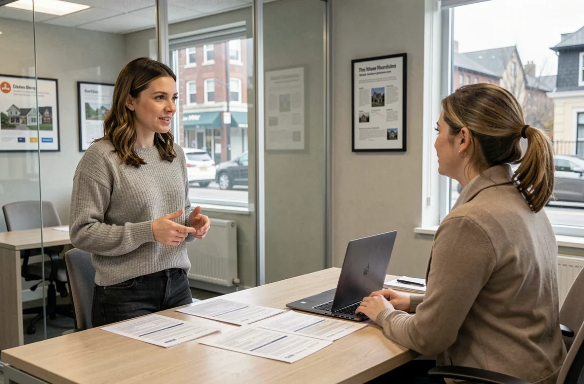 Locataire femme discutant d'une assurance loyer impayé avec une agente immobilière dans une agence moderne