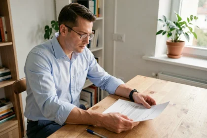 Locataire homme consultant un document d'assurance loyer impayé à une table en bois dans un appartement moderne