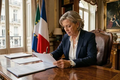 Maire de Paris à son bureau dans un bureau officiel haussmannien signant des documents officiels