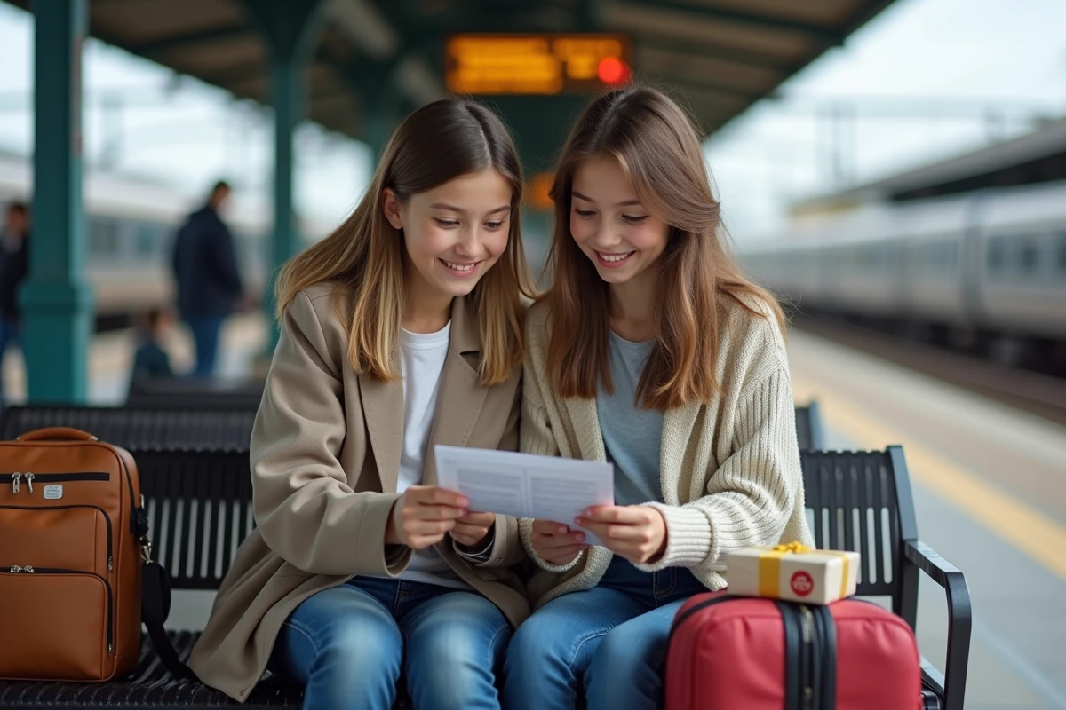 Mère et fille préparant leur voyage à la gare