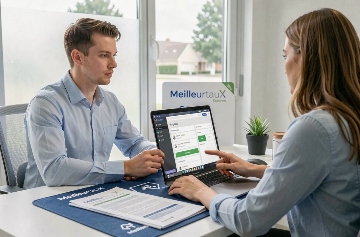 Courtier Meilleurtaux Essonne guidant une cliente sur une comparaison de prêts en ligne depuis l'agence locale