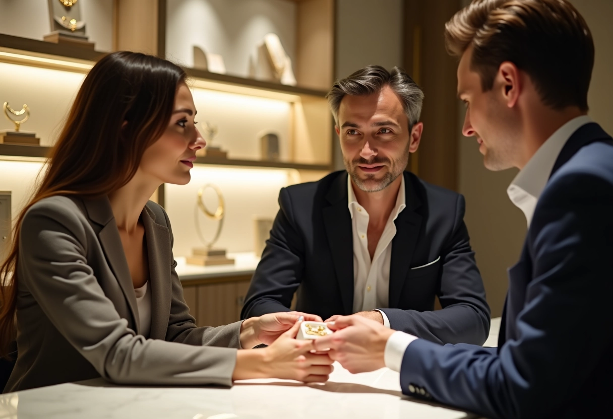 Femme discutant avec un bijoutier dans une boutique élégante