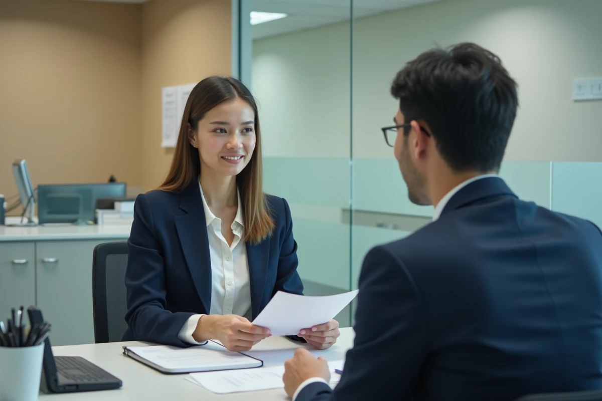 Femme négociant un échéancier de paiement avec un agent administratif au guichet