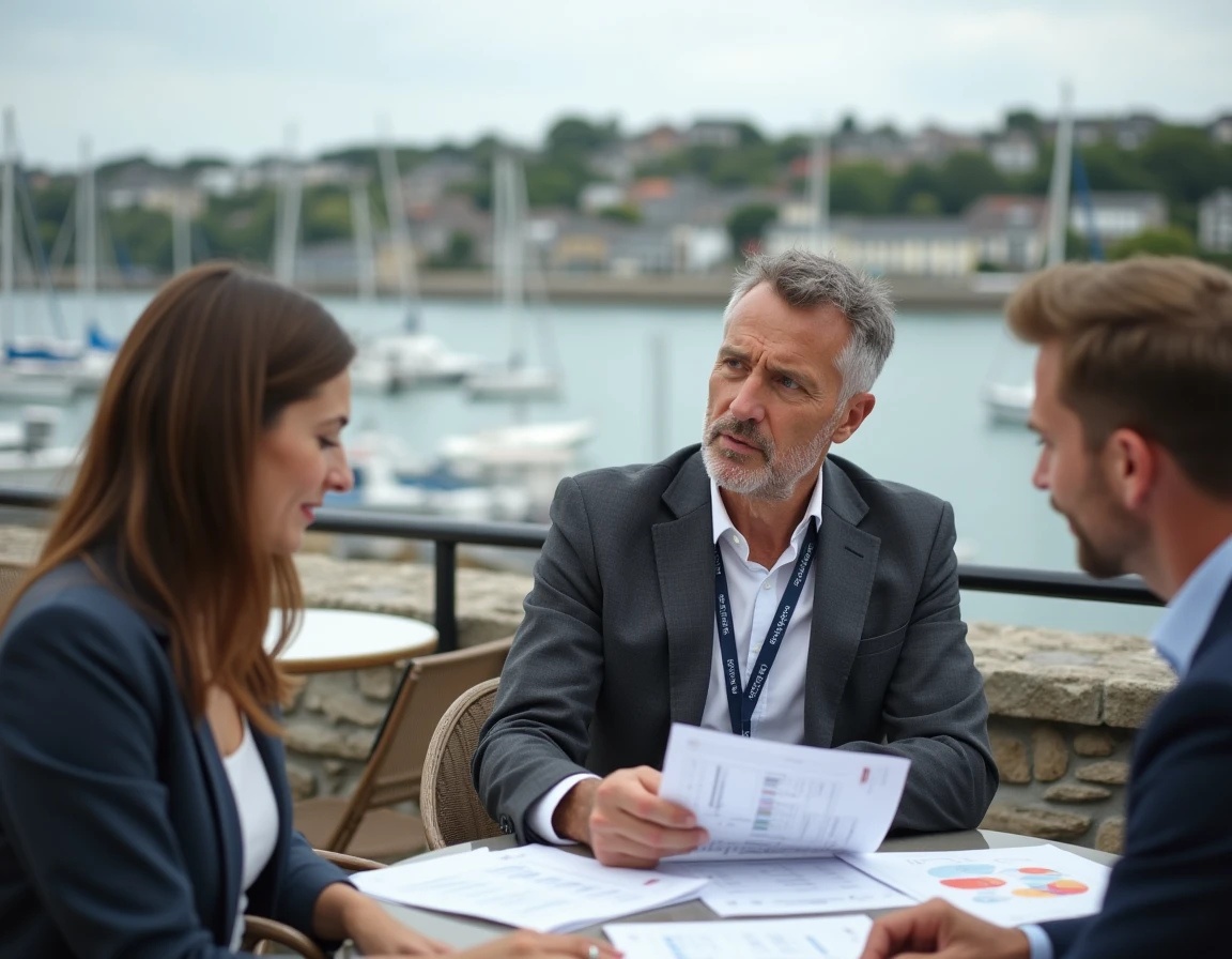 Agent Nestenn Sarzeau en consultation avec des clients en terrasse face au Golfe du Morbihan