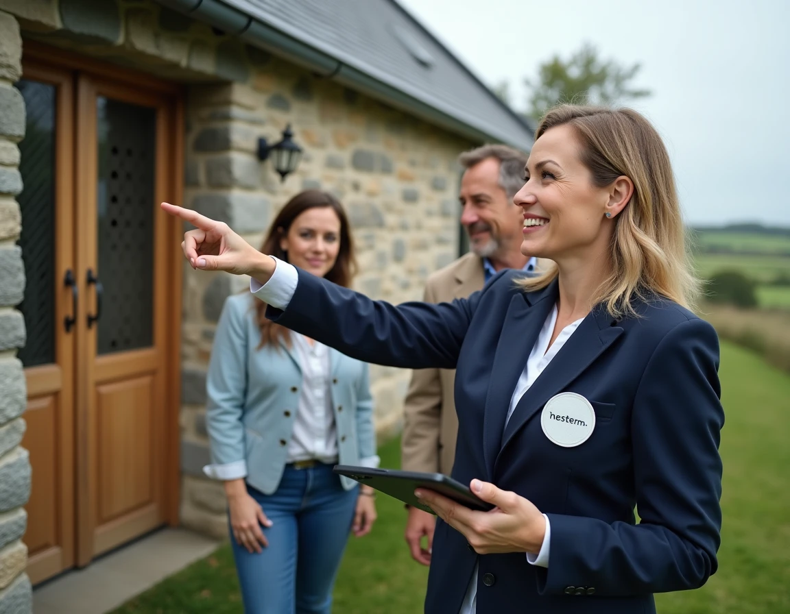 Conseillère Nestenn Surzur présentant une longère bretonne en pierre à des investisseurs potentiels