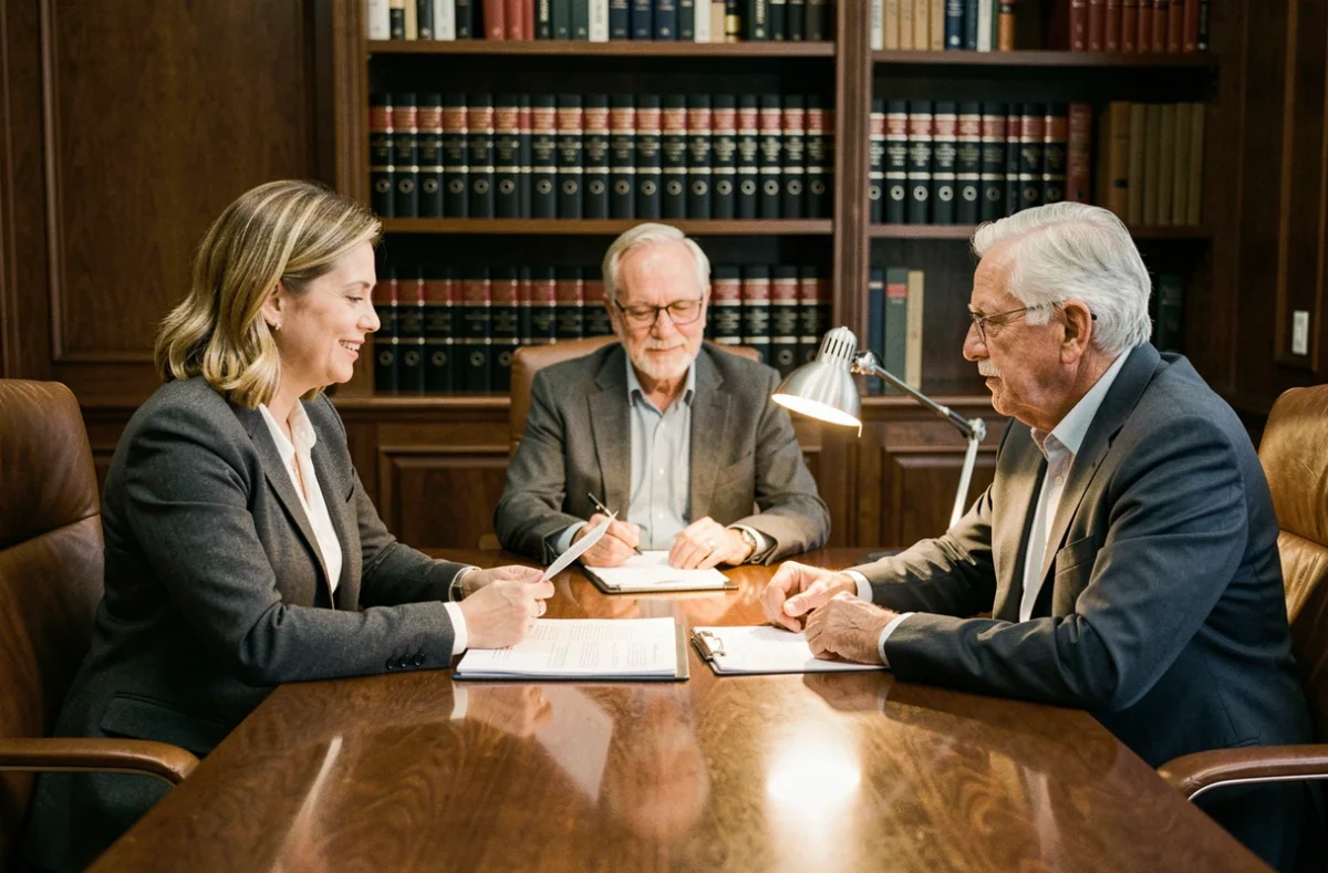 Une notaire présente un acte de donation à un couple de seniors dans un cabinet notarial, dans le cadre d'une transmission de patrimoine