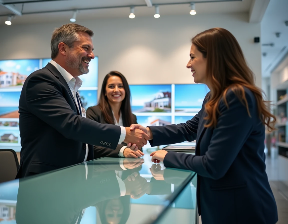 Agent immobilier ORPI Le Corno en réunion avec des clients dans une agence moderne bretonne