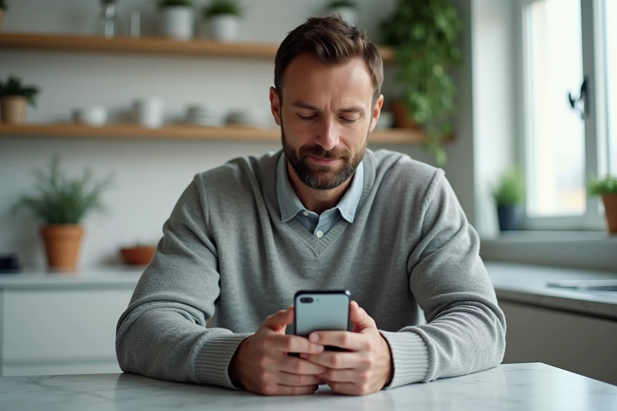 Homme consultant une confirmation de paiement récurrent PayPal sur son smartphone dans une cuisine moderne