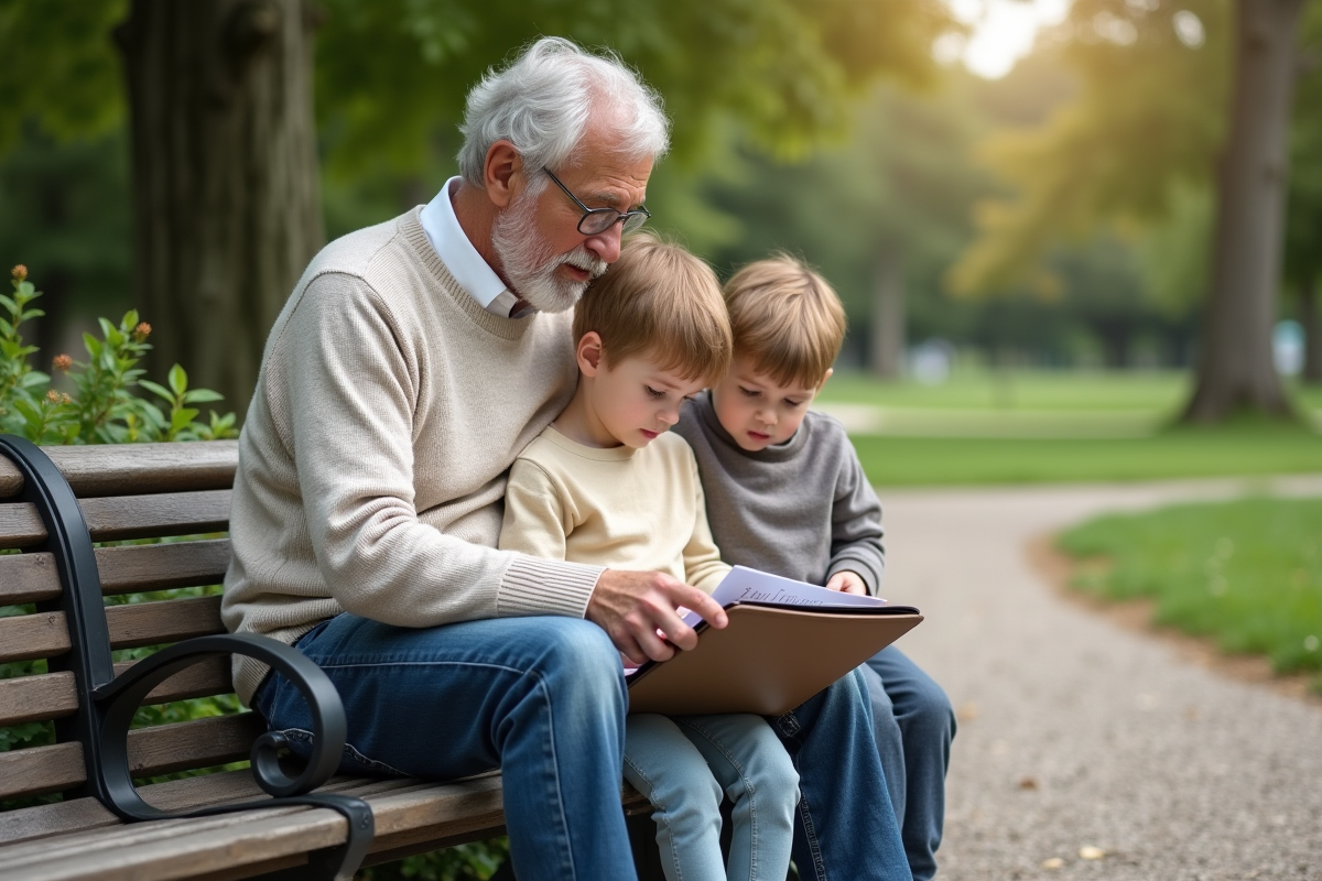 Père avec ses enfants dans un parc regardant un dossier