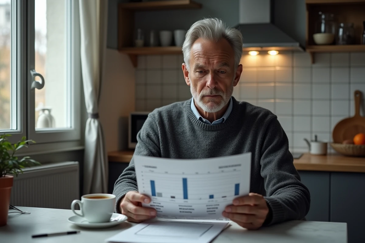 Homme français d'âge moyen consultant un graphique des percentiles de salaires en France à son domicile