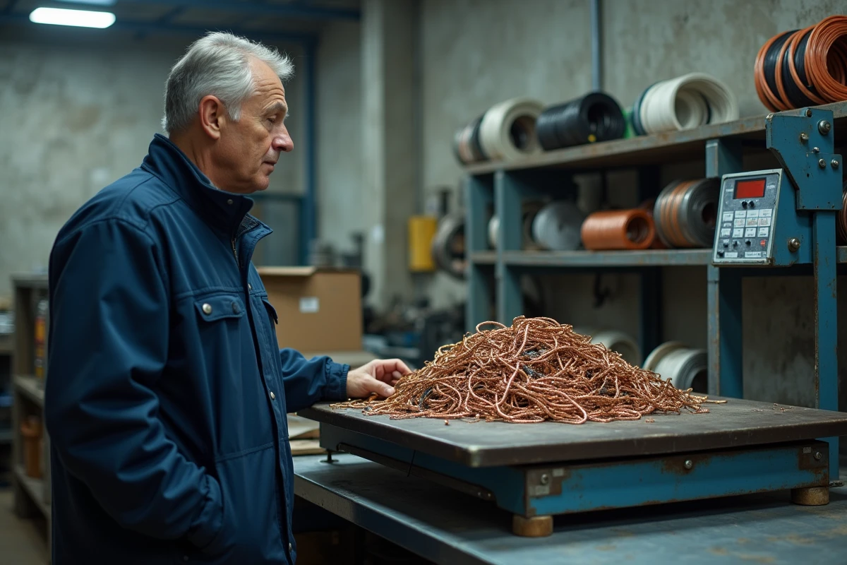 Employé d'un centre de recyclage pesant des câbles cuivre non dénudés sur une balance industrielle pour estimer leur valeur de rachat