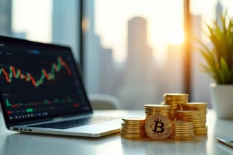 Pièces de Bitcoin dorées avec ordinateur portable et graphiques financiers