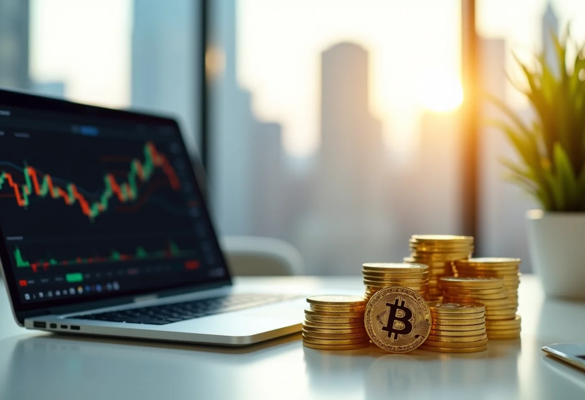 Pièces de Bitcoin dorées avec ordinateur portable et graphiques financiers