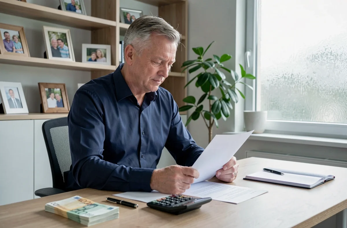 Un homme d'âge mûr examine des documents financiers et des billets d'euros à son bureau pour planifier une donation successorale