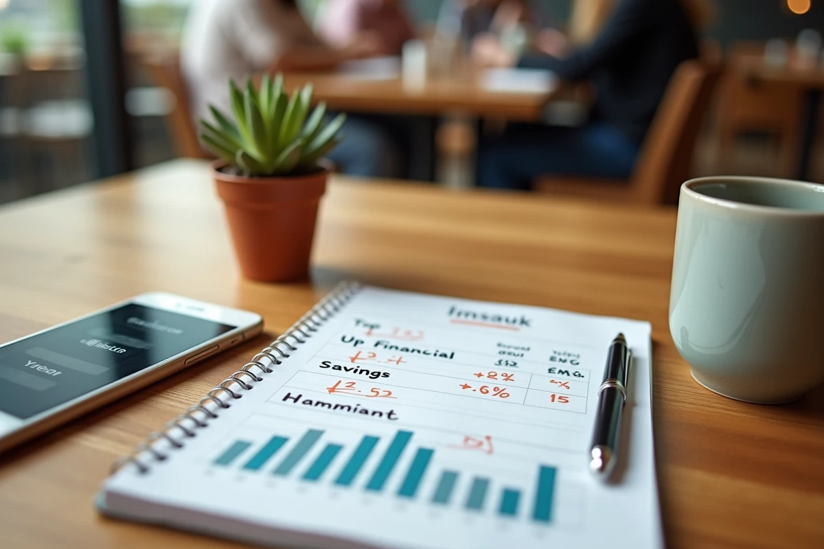 Vue aérienne d'un carnet de comparaison de taux d'épargne et d'un smartphone avec application bancaire sur bureau en bois