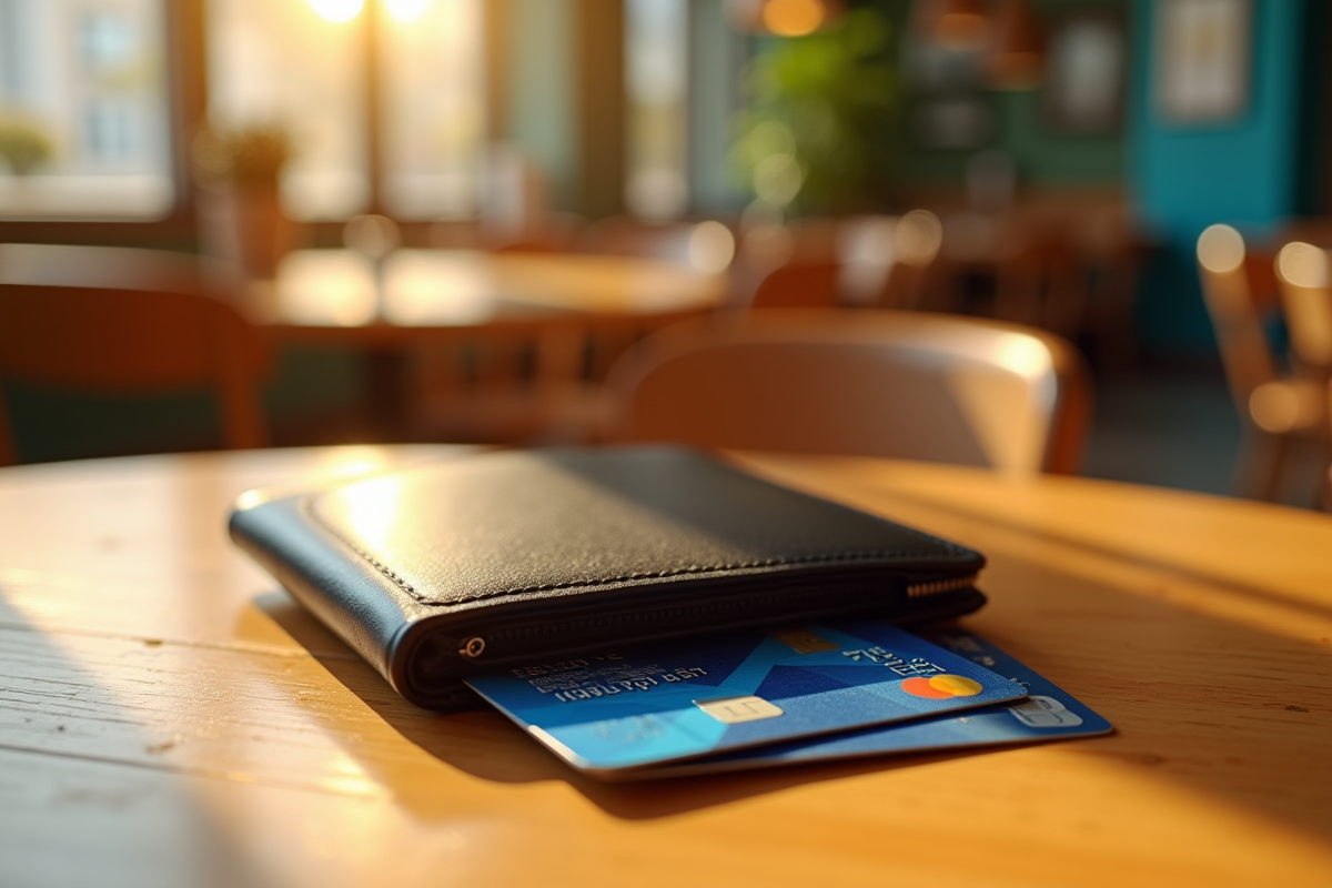 Portefeuille avec cartes de crédit sur une table ensoleillee