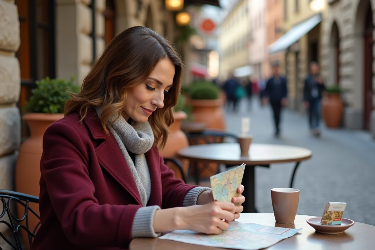 Femme consultant une carte et un reçu d'achat de cigarettes à un café en zone frontalière suisse-italienne au Tessin