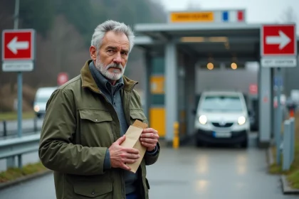 Homme tenant un sachet de tabac à un poste frontière suisse-français, illustration du prix des cigarettes à la frontière
