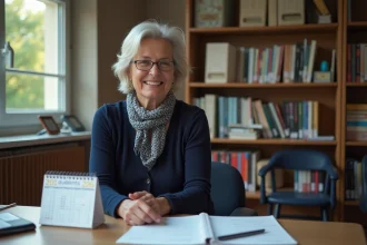 Professeure française assise à son bureau en classe