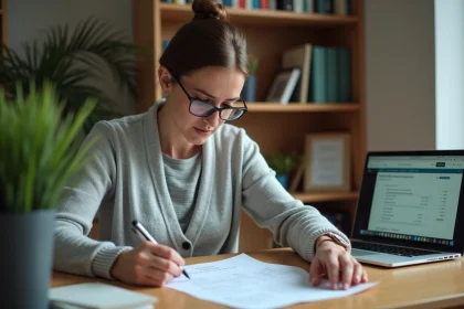 Professeure à son bureau examinant attentivement sa fiche de paie avec un stylo à la main