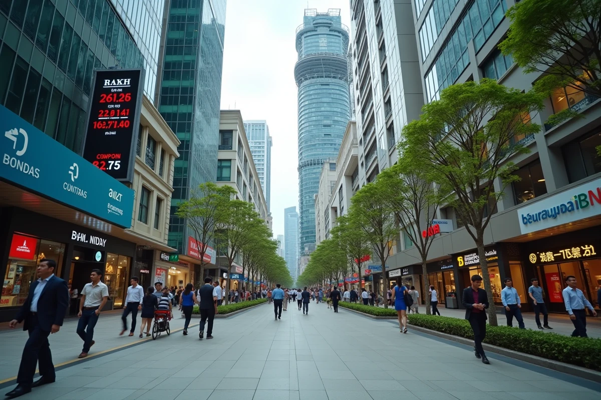 Quartier commercial animé en Asie du Sud-Est illustrant la croissance économique rapide avec gratte-ciels et enseignes financières