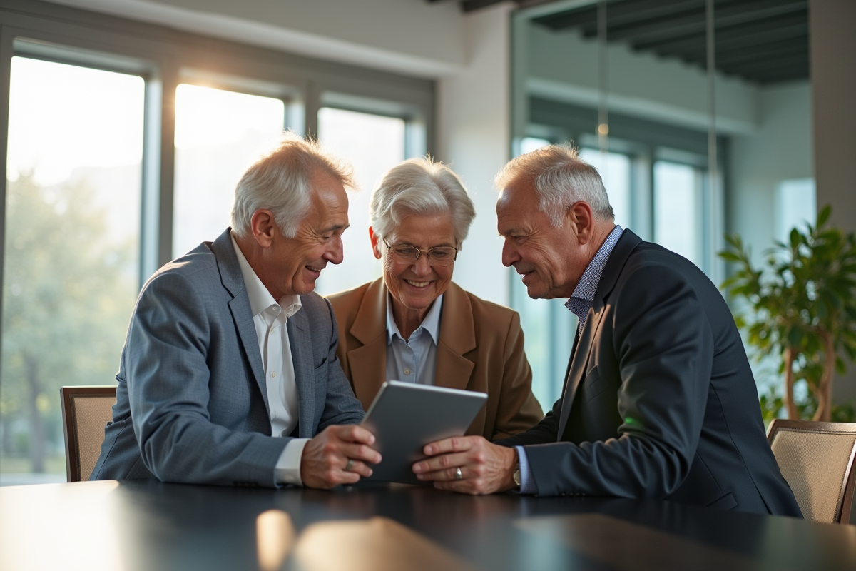 Couple de seniors rencontrant un conseiller financier en bureau lumineux