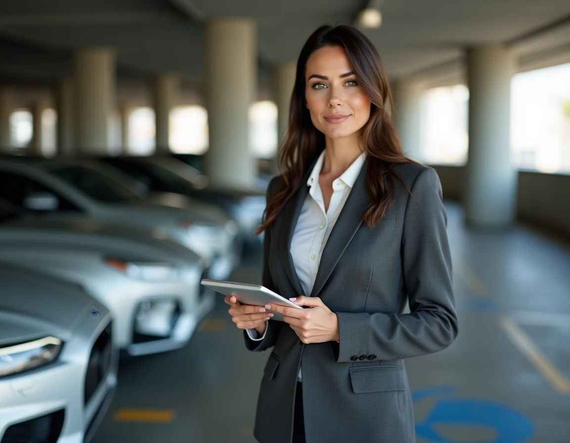 Responsable flotte automobile consultant les données TVS 2026 sur tablette devant un véhicule de société