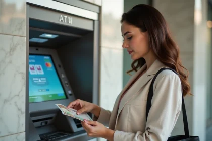Femme retirant des dirhams émiratis à un distributeur automatique à Dubaï