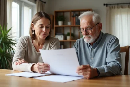 Une femme d'âge moyen et un homme âgé discutent de documents